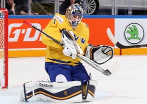 PRAGUE, CZECH REPUBLIC - MAY 11: Sweden's Jhonas Enroth #1 makes the save during preliminary round action against France at the 2015 IIHF Ice Hockey World Championship. (Photo by Andre Ringuette/HHOF-IIHF Images)


