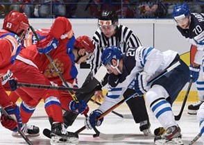 OSTRAVA, CZECH REPUBLIC - MAY 12: Russia's Vadim Shipachyov #87 faces off against Finland's Petri Kontiola #27 during preliminary round action at the 2015 IIHF Ice Hockey World Championship. (Photo by Richard Wolowicz/HHOF-IIHF Images)

