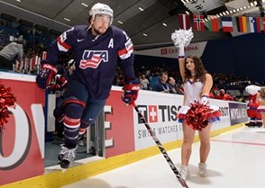 OSTRAVA, CZECH REPUBLIC - MAY 14: USA's Justin Faulk #27 takes to the ice before taking on Team Switzerland during quarterfinal round action at the 2015 IIHF Ice Hockey World Championship. (Photo by Richard Wolowicz/HHOF-IIHF Images)

