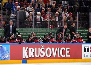 PRAGUE, CZECH REPUBLIC - MAY 14: Canadian players and coaches look on from the bench during quarterfinal round action against Belarus at the 2015 IIHF Ice Hockey World Championship. (Photo by Andre Ringuette/HHOF-IIHF Images)

