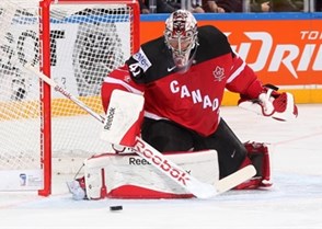 PRAGUE, CZECH REPUBLIC - MAY 16: Canada's Mike Smith #41 makes the save during semifinal round aciton against the Czech Republic at the 2015 IIHF Ice Hockey World Championship. (Photo by Andre Ringuette/HHOF-IIHF Images)

