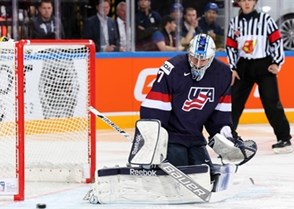 PRAGUE, CZECH REPUBLIC - MAY 17: USA's Connor Hellebuyck #37 makes the save during bronze medal game action against the Czech Republic at the 2015 IIHF Ice Hockey World Championship. (Photo by Andre Ringuette/HHOF-IIHF Images)

